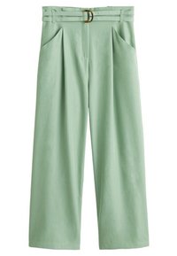 Pantalon large taille haute vert menthe avec plis, poches latérales et ceinture assortie avec boucle ronde.