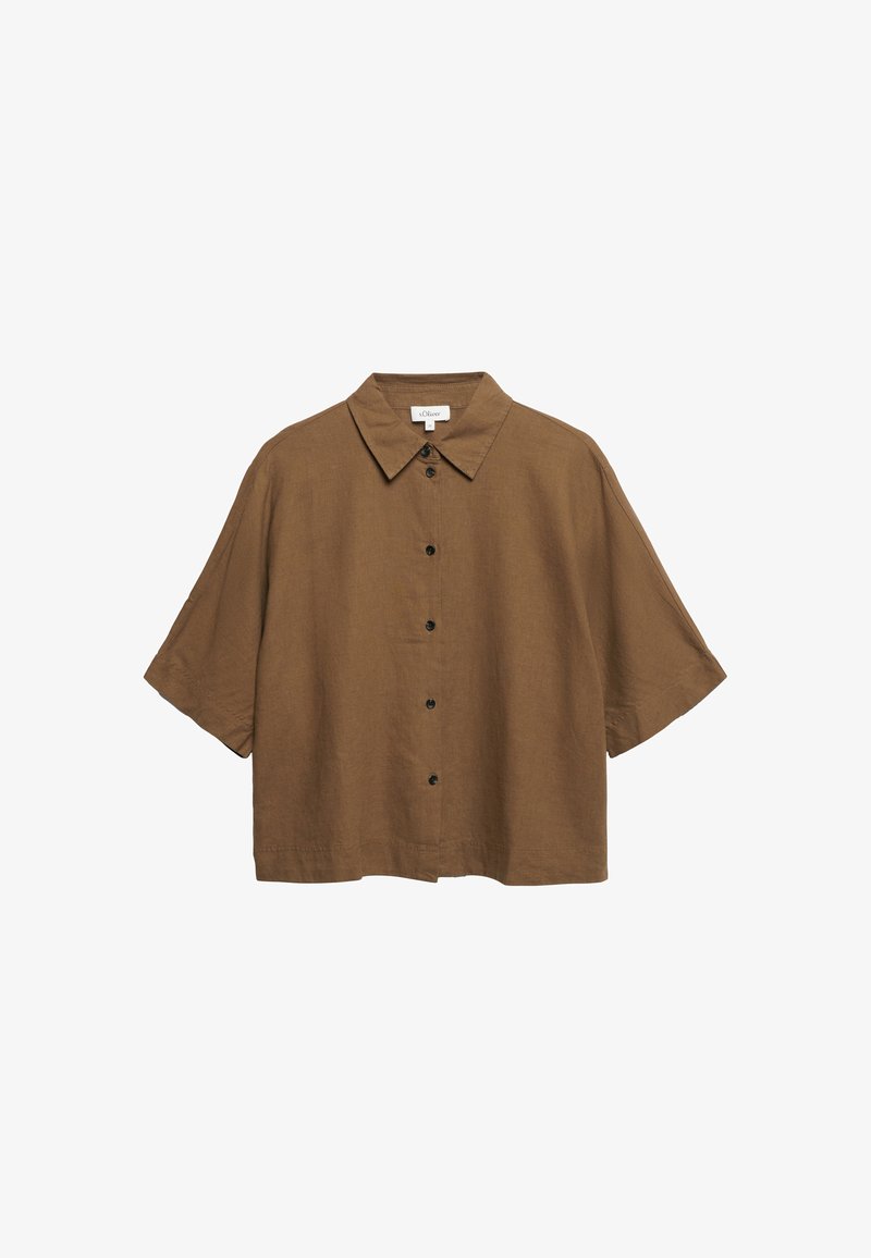 Blouse marron à manches courtes avec boutons, col pointu et coupe ample, présentée sur fond blanc.