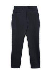 Pantaloni su misura blu navy con una texture liscia, gambe dritte e due tasche posteriori. Presentano passanti per cintura e un girovita classico.