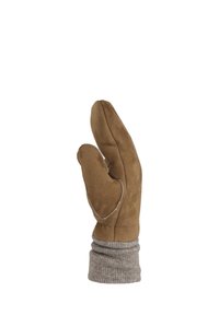 Hnědé semišové rukavice s pleteným šedým manžetovým lemem a otvorem na palec, s hladkým povrchem a jednoduchými švy.