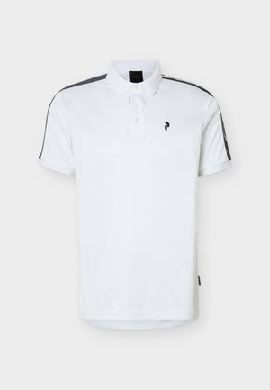 Polo bianca a maniche corte con strisce nere sulle spalle, chiusura a tre bottoni e piccolo logo nero sul petto sinistro.