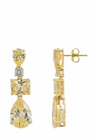 Ohrringe in Goldfarbe mit drei facettierten gelben Edelsteinen: einem birnenförmigen, einem runden Stein und einem rechteckigen Stein, mit sicheren Druckverschluss.