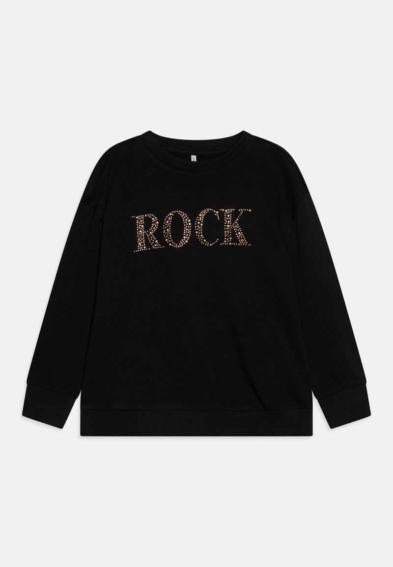 Sweatshirt preto com um corte solto, punhos e decote canelados, e a palavra "ROCK" adornada com tachas metálicas.