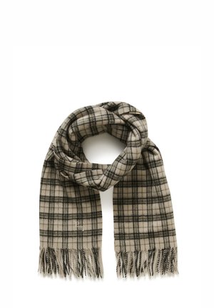 Écharpe en laine à carreaux beige et gris foncé avec des extrémités à franges, pliée et drapée en boucle avec des lettres brodées visibles sur un côté.