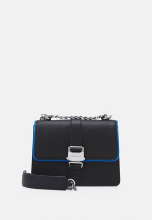 Black leather crossbody bag with blue trim, silver chain strap, and metal clasp closure on front.