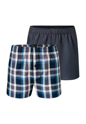 Twee paar herenboxers. De ene is geruit in marineblauw, wit en paars; de andere is effen donkergrijs. Elastische tailleband op beide.