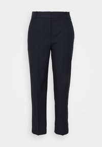 Pantaloni navy realizzati in tessuto liscio, con un taglio sartoriale, gamba dritta, pence frontali e passanti per cintura.
