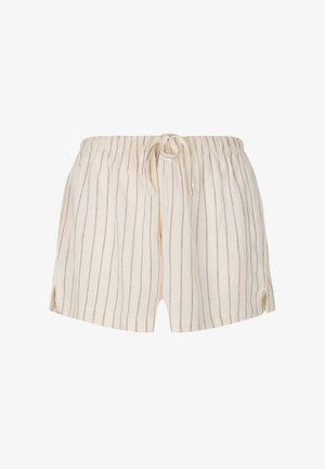 Flødefarvede shorts med tynde lodrette striber, elastisk taljebånd, bundet snøre foran og små sideslidser i kanterne.
