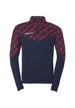 Marineblå langærmet pullover med et rødt abstrakt mønster på den øverste del, kvart-zip krave og branding på brystet i hvid.