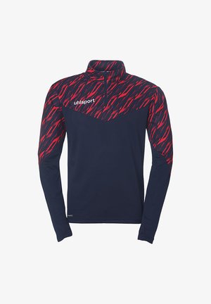 Marineblå langærmet pullover med et rødt abstrakt mønster på den øverste del, kvart-zip krave og branding på brystet i hvid.