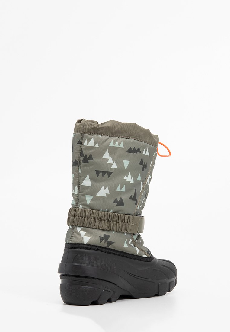 Szare śniegowce z czarną gumową podeszwą, z trójkątnymi wzorami w jasnej i ciemnej zieleni. Sznurówka na górze, wyściełany materiał.