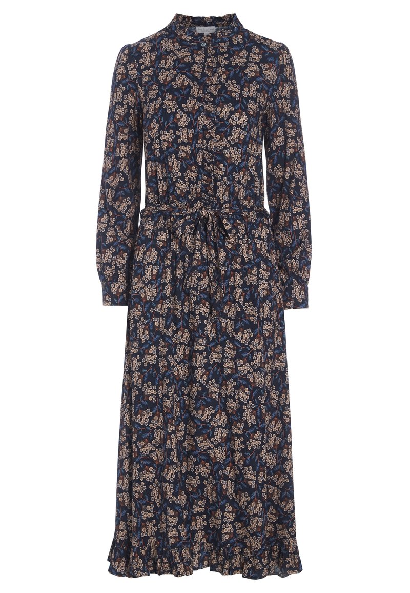 Longue robe bleu marine avec petit imprimé floral beige, manches longues, col montant, ceinture à la taille et ourlet volanté.