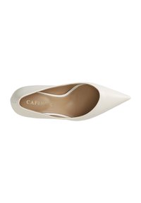 White pointed-toe pump with a smooth leather upper, minimalistic design, and a beige insole featuring embossed brand lettering.