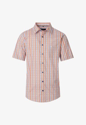 Kurzarmhemd mit blauen, orangen und weißen vertikalen Streifen. Verfügt über einen spitzen Kragen, eine Knopfleiste vorne und eine Brusttasche auf der linken Seite.