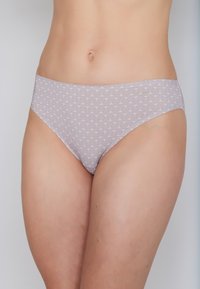 Light grey, patterned women's hipster underwear with a smooth texture, featuring a subtle design of small, white motifs across the fabric.