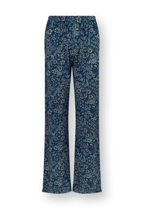 Marineblauwe bloemenprint broek met een elastische tailleband. Gemaakt van zacht materiaal, met een wijd uitlopende pasvorm en een gedetailleerd bloemenpatroon.