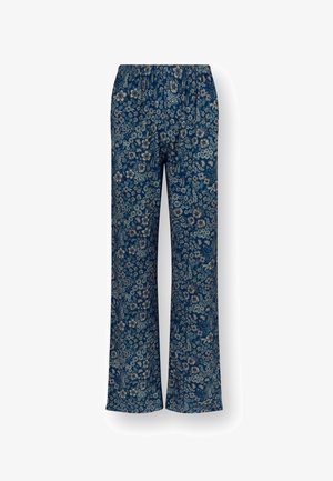 Marineblauwe bloemenprint broek met een elastische tailleband. Gemaakt van zacht materiaal, met een wijd uitlopende pasvorm en een gedetailleerd bloemenpatroon.