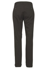 Zwarte katoenen broek met een recht gesneden ontwerp, voorzien van zakken aan de achterkant en een standaard tailleband. Soepele textuur, zonder zichtbare patronen.