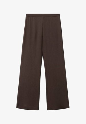 Spodnie o szerokich nogawkach w ciemnobrązowym kolorze, z gładką, prążkowaną fakturą i wysokim pasem. Brak widocznych okuć lub ozdób.