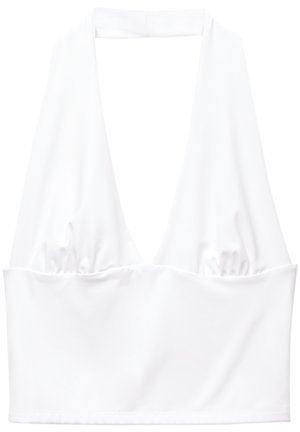 Witte halter crop top met een diepe V-halslijn en geraffineerde stofdetails aan de zijkanten. Gemaakt van glad, rekbaar materiaal.