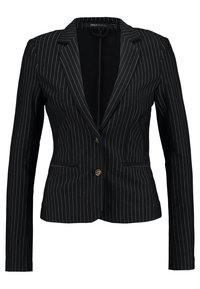 Černý blazer s proužky, který má přiléhavý střih, zapínání na jeden knoflík, dlouhé rukávy a dvě přední kapsy. Má hladkou texturu látky.