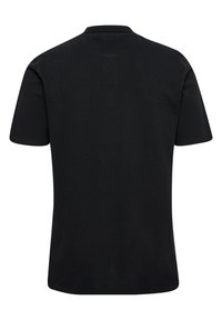 Zwarte T-shirt met korte mouwen, ronde hals, gemaakt van een katoenmix, met een gladde textuur, eenvoudige stijl, zonder zichtbare patronen of versieringen.