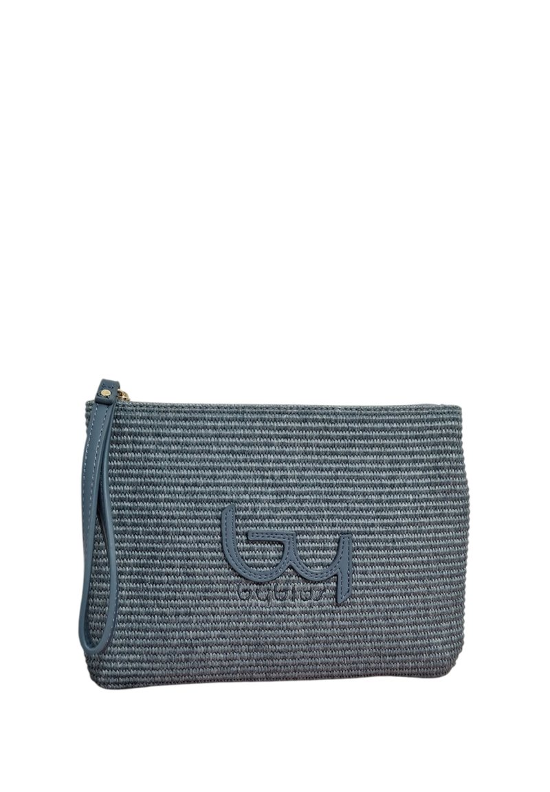Borsa a pochette intrecciata grigia con chiusura a zip in pelle e un logo ben visibile sul fronte. Forma compatta e rettangolare.
