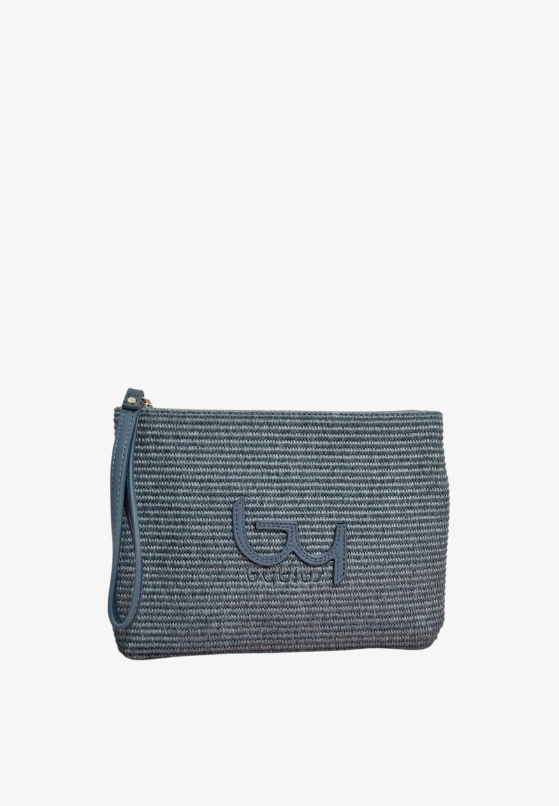 Borsa a pochette intrecciata grigia con chiusura a zip in pelle e un logo ben visibile sul fronte. Forma compatta e rettangolare.