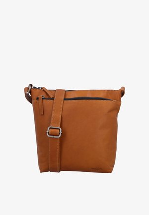 Hnedá kožená kabelka cez rameno s nastaviteľným popruhom, predným vreckom na zips a hlavným predelom na zips.