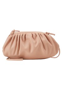 Soft pink leather handbag with gathered design, smooth texture, adjustable shoulder strap, and minimalistic style.