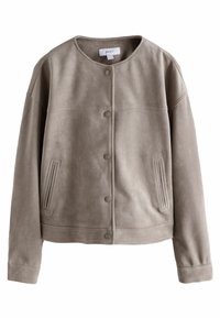 Taupe, faux suede jas met een ronde halslijn, knoopsluiting en zijzakken. Bevat gestikte details en een cropped silhouet.
