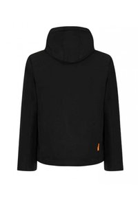Giacca nera con cappuccio, maniche lunghe, texture liscia e una piccola etichetta arancione sul lato inferiore. Design semplice e moderno.