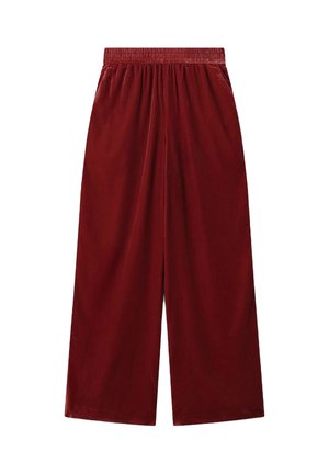 Burgundy wide-leg pants made from smooth fabric. Features an elastic waistband and a loose fit, offering comfort and easy movement.