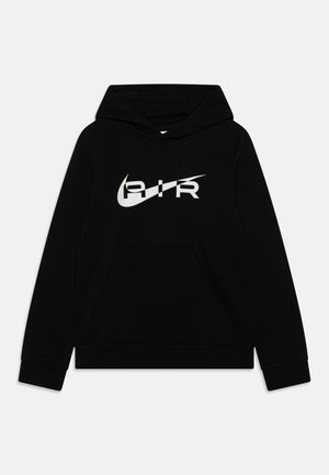 Sort hættetrøje med frontlomme og hvidt Nike Air-logo på brystet, med hætte og ribstrikkede manchetter.
