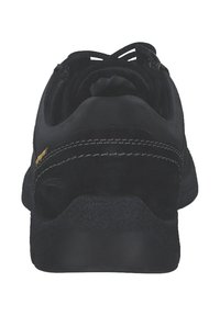 Schwarze Schuhe mit runder Zehenform und robuster Gummisohle, die mit einem Wildleder-Finish, genähten Akzenten und einer Schnürung oben ausgestattet sind.