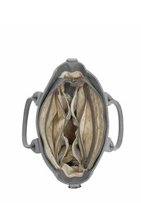 Šedá kabelka z umělé kůže s několika vnitřními odděleními a světle béžovou podšívkou s jemným vzorem listů. Design s dvojitou rukojetí.