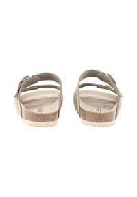 Sandalias de color verde oliva con dos correas ajustables, plantilla de corcho y suela de goma. Presentan una textura suave y un diseño minimalista.