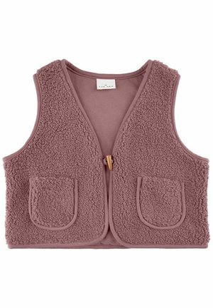Fleece-Weste in gedämpftem Mauve mit einer strukturierten, flauschigen Außenseite, zwei vorderen Taschen und einem Holzverschluss. Ohne Ärmel, V-Ausschnitt-Design.