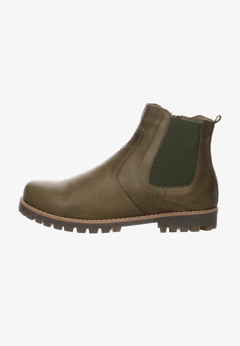 Grüne Leder Chelsea-Stiefel mit elastischen Seitenteilen, Gummisohle, runder Zehenpartie und strukturiertem Finish. Verfügt über einen niedrigen Absatz und eine gesteppte Detailbearbeitung.