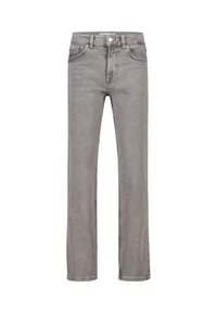 Jeans in denim grigio con design a gamba dritta, stile a cinque tasche e chiusura frontale con bottone. Presentano un leggero sbiadimento e dettagli di cucitura.