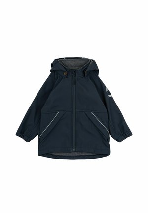 Marineblaue Kapuzenjacke mit grauem Fleecefutter, Reißverschluss, zwei vorderen Taschen und reflektierenden Akzenten an den Ärmeln. Wasserabweisendes Material.