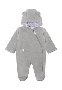Grauer Ganzkörper-Babykombination mit Reißverschluss, Kapuze mit Bärenohren und gestreiftem Innenfutter. Verfügt über eine Fronttasche und einen weichen, strukturierten Stoff.