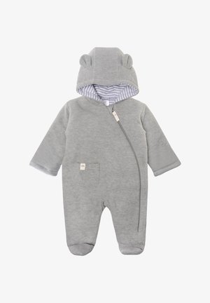 Grauer Ganzkörper-Babykombination mit Reißverschluss, Kapuze mit Bärenohren und gestreiftem Innenfutter. Verfügt über eine Fronttasche und einen weichen, strukturierten Stoff.