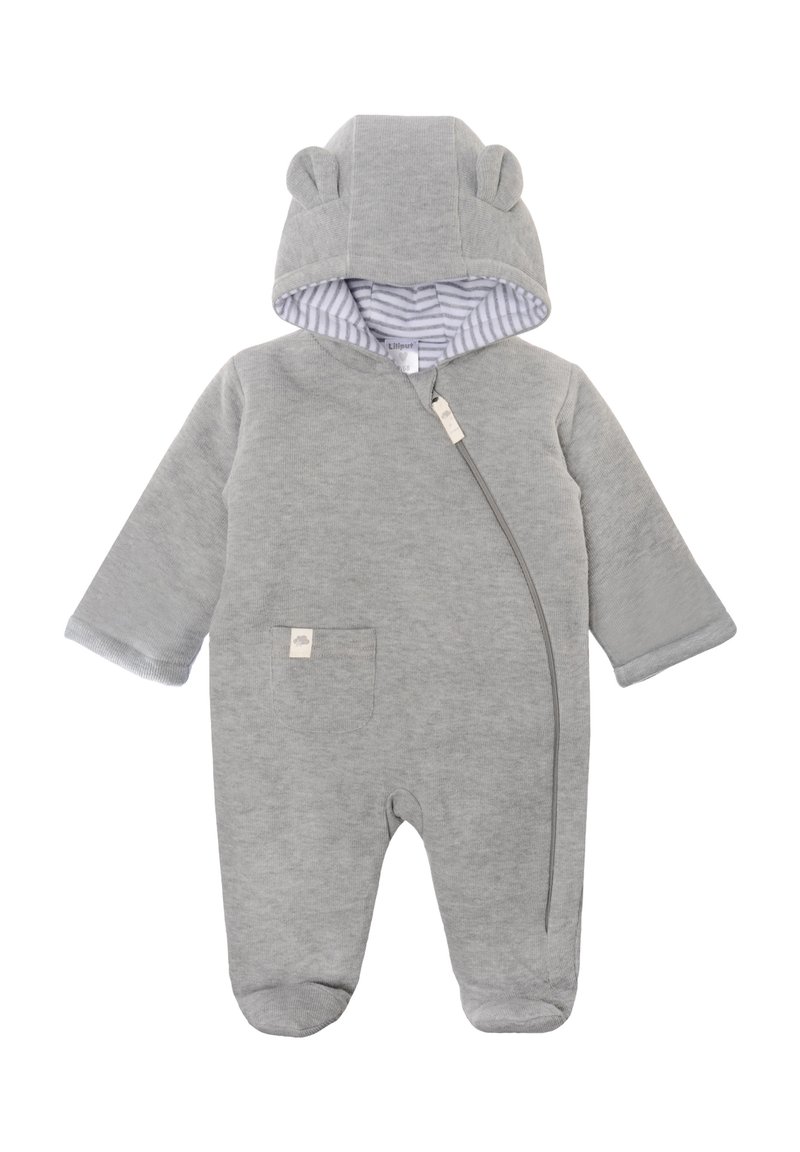 Grauer Ganzkörper-Babykombination mit Reißverschluss, Kapuze mit Bärenohren und gestreiftem Innenfutter. Verfügt über eine Fronttasche und einen weichen, strukturierten Stoff.