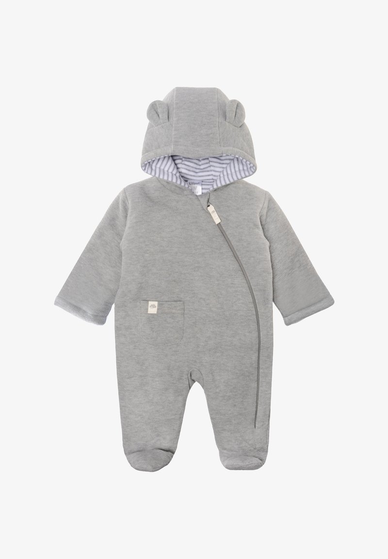 Grauer Ganzkörper-Babykombination mit Reißverschluss, Kapuze mit Bärenohren und gestreiftem Innenfutter. Verfügt über eine Fronttasche und einen weichen, strukturierten Stoff.