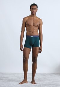 Πράσινα μποξεράκια με μωβ λάστιχο που φέρει το λογότυπο της Puma. Ο ιστός φαίνεται λείος με εφαρμοστή σχεδίαση.