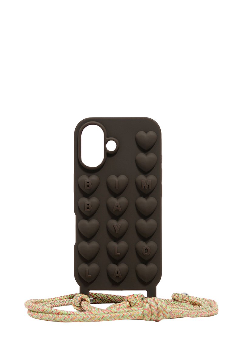 Czarny silikonowy pokrowiec na telefon z wypukłymi kształtami serc i wytłoczonym napisem "BAYLA" oraz wielokolorowym plecionym paskiem.