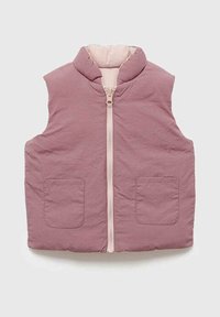 Dúhová vesta v jemnej fialovej farbe so zipsom vpredu, stojacím golierom a dvoma prednými vreckami. Textúrovaná tkanina s hladkou vnútornou podšívkou.