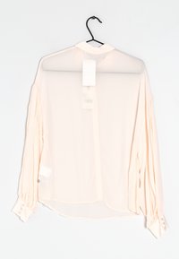 Blusa color pescoceo chiaro con maniche lunghe e a sbuffo, dalla texture morbida e trasparente. Presenta un colletto e polsini con bottoni, appesa a un gancio nero.