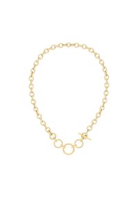 Collier en chaîne en or avec des maillons ronds, un accent central en cercle et un fermoir à bascule, mettant en valeur une finition lisse et brillante.